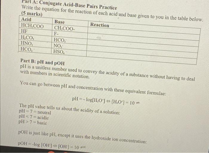 Part A Conjugate Acid Base Pairs Practice Write The Equation For The Reaction Of Each Acid And Base Given To You In The 1