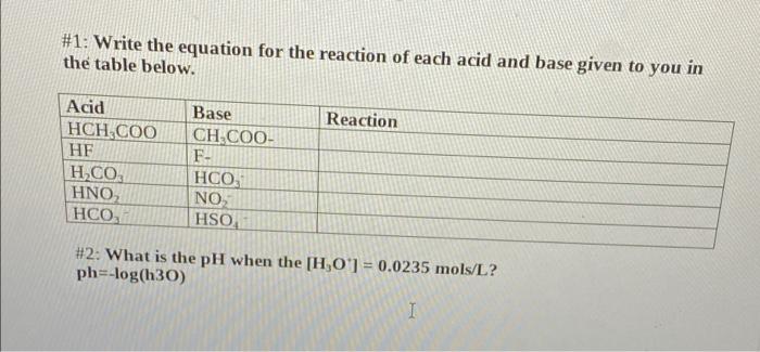 Part A Conjugate Acid Base Pairs Practice Write The Equation For The Reaction Of Each Acid And Base Given To You In The 2