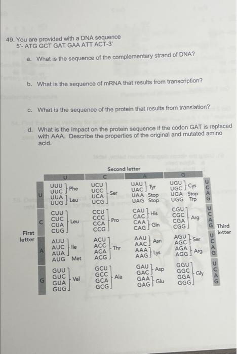 49 You Are Provided With A Dna Sequence 5 Atg Gct Gat Gaa Att Act 3 A What Is The Sequence Of The Complementary Stra 1