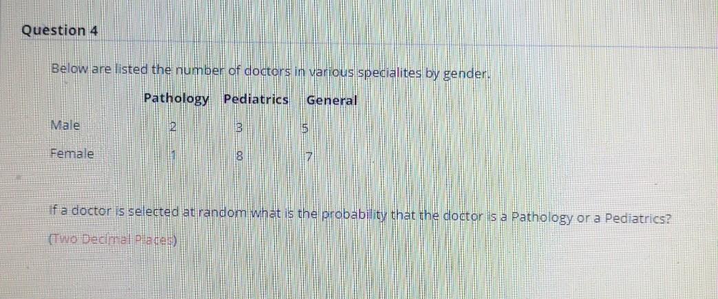 Question 4 Below Are Listed The Number Of Doctors In Various Specialites By Gender Pathology Pediatrics General Male Fe 1