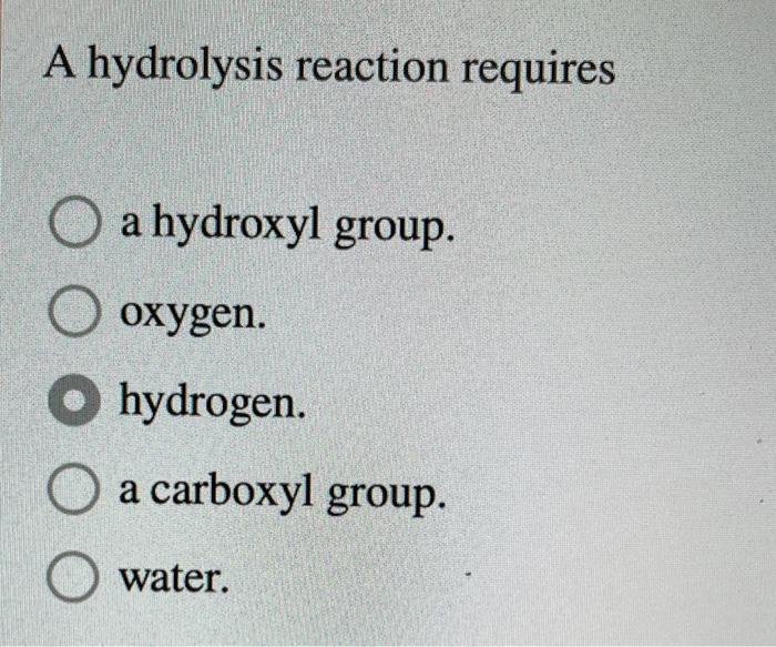 A Hydrolysis Reaction Requires O A Hydroxyl Group O O Oxygen O Hydrogen A Carboxyl Group A O Water 3