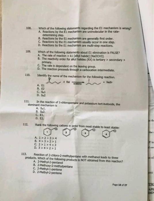 108 Which Of The Following Statements Regarding The E1 Mechanism Is Wrong A Reactions By The El Mechanism Are Unimole 1