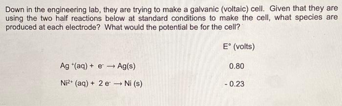 Down In The Engineering Lab They Are Trying To Make A Galvanic Voltaic Cell Given That They Are Using The Two Half R 1