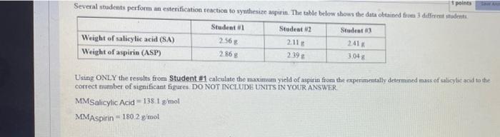 1 Points Several Students Perform An Esterification Reaction To Synthesize Aspirin The Table Below Shows The Data Obtai 1