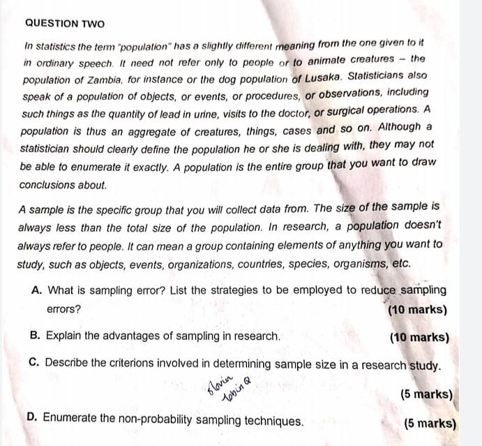 Question Two In Statistics The Term Population Has A Slightly Different Meaning From The One Given To It In Ordinary S 1