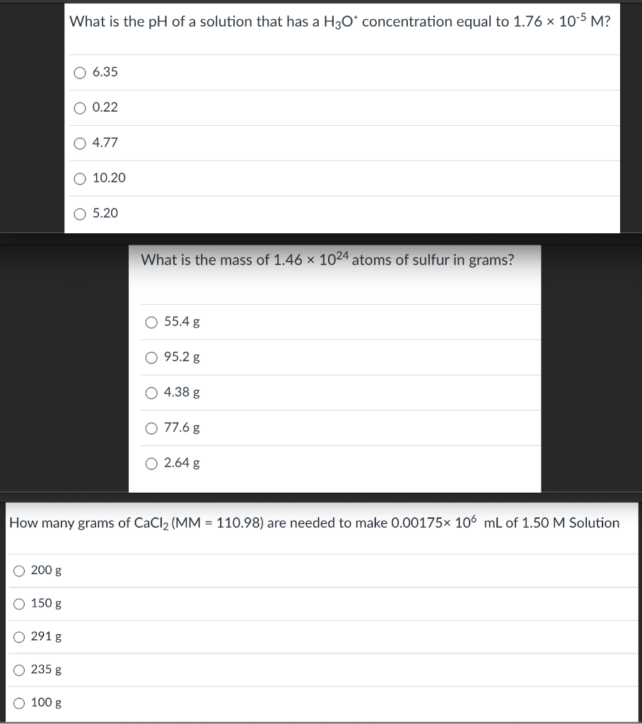 What Is The Ph Of A Solution That Has A H30 Concentration Equal To 1 76 X 10 5 M 6 35 0 22 O 4 77 O 10 20 O 5 20 What 1