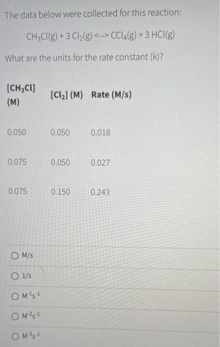 The Data Below Were Collected For This Reaction Ch2cl G 3 Cl2 G Ccl4 G 3 Hcl G What Are The Units For The 1