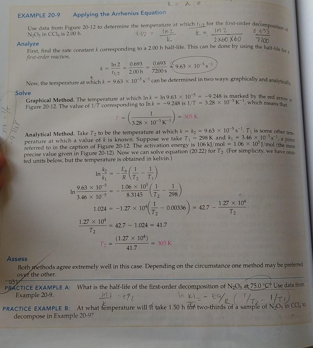 7200 1 T Shob K A E Example 20 9 Applying The Arrhenius Equation Use Data From Figure 20 12 To Determine The Temp 1