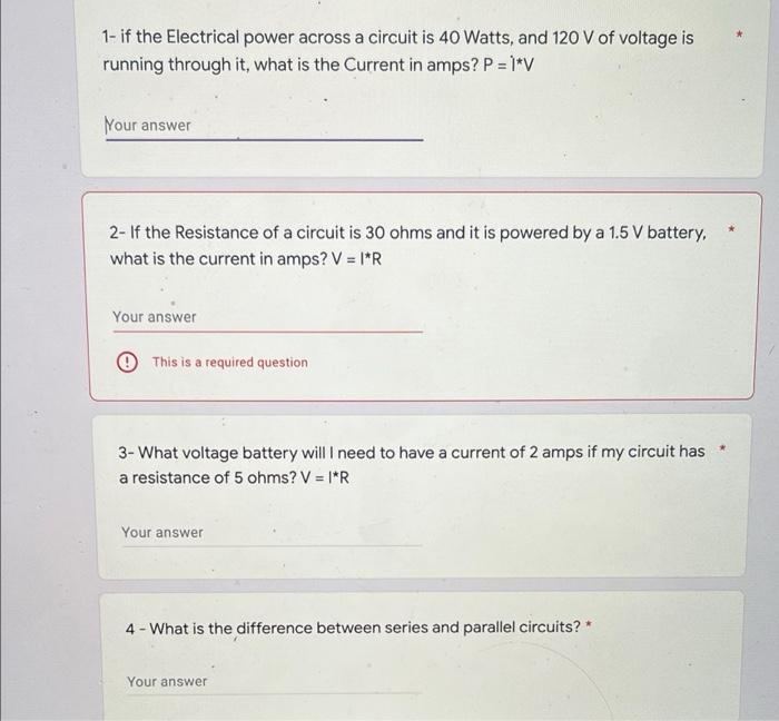 1 If The Electrical Power Across A Circuit Is 40 Watts And 120 V Of Voltage Is Running Through It What Is The Current 1