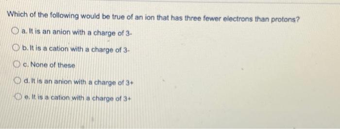 Which Of The Following Would Be True Of An Ion That Has Three Fewer Electrons Than Protons A It Is An Anion With A Cha 1