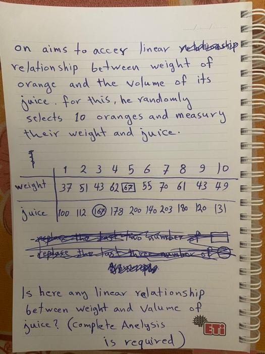 On Aims To Acces Linear Relishipa Relationship Between Weight Of Orange And The Volume Of Its Juice For This He Randoml 3