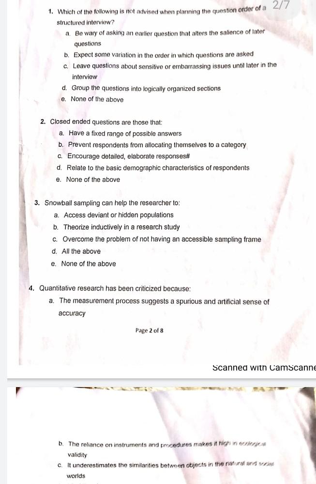 1 Which Of The Following Is Not Advised When Planning The Question Order Of A 2 7 Structured Interview A Be Wary Of As 1