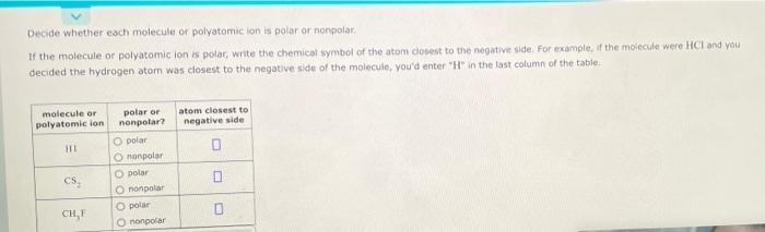 Decide Whether Each Molecule Or Polyatomic Lonis Polar Or Nonpolar If The Molecule Or Polyatomic Ions Polar Write The Ch 1