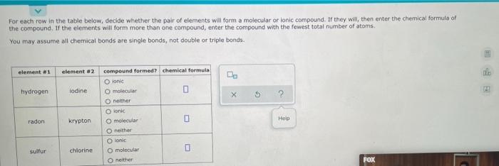 For Each Row In The Table Below Decide Whether The Pair Of Elements Will Form A Molecular Or Lonic Compound If They Wi 1