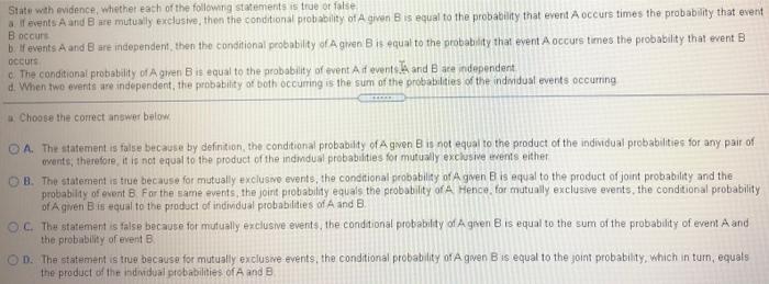State With Evidence Whether Each Of The Following Statements Is True Or False Al Events A And B Are Mutually Exclusive 1