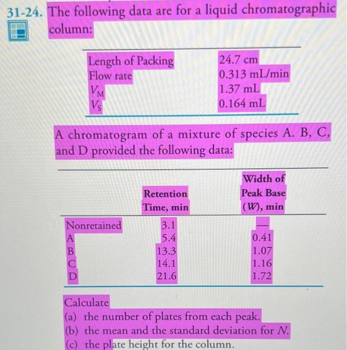 A 31 24 The Following Data Are For A Liquid Chromatographic Column Length Of Packing 24 7 Cm Flow Rate Vm 0 313 Ml Min 1