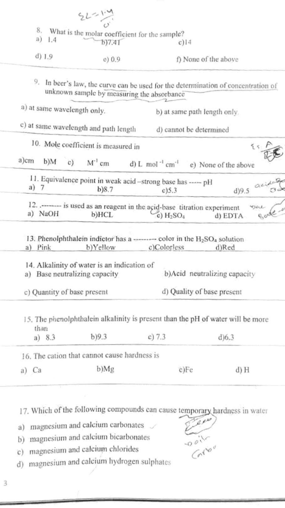 L 14 8 What Is The Molar Coefficient For The Sample A 1 4 B 7 41 C 14 D 1 9 0 0 9 1 None Of The Above 9 In Beer 1