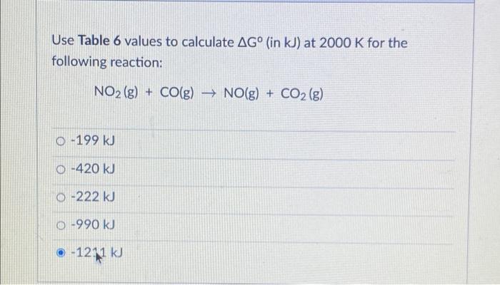 Use Table 6 Values To Calculate Ago In Kj At 2000 K For The Following Reaction No2 G Co G No G Co2 G 0 19 1