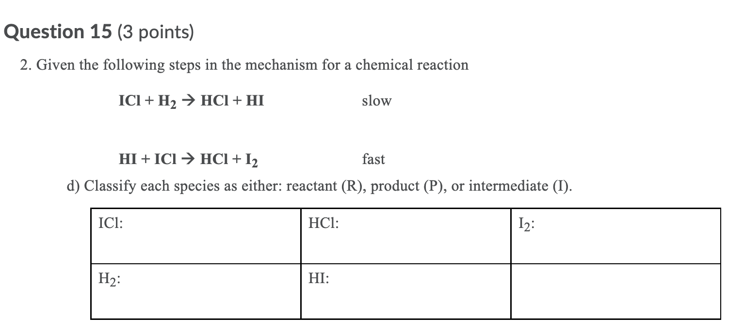 Question 15 3 Points 2 Given The Following Steps In The Mechanism For A Chemical Reaction Ici H2 Hcl Hi Slow Hi 1