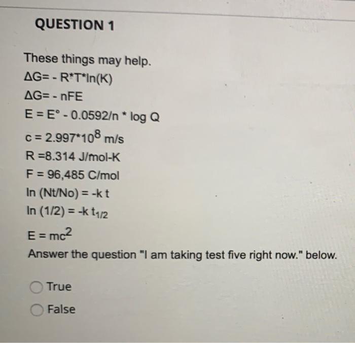 Question 1 These Things May Help Ag R T In K Ag Nfe E E 0 0592 N Log Q C 2 997 108 M S R 8 314 J Mol K F 9 1