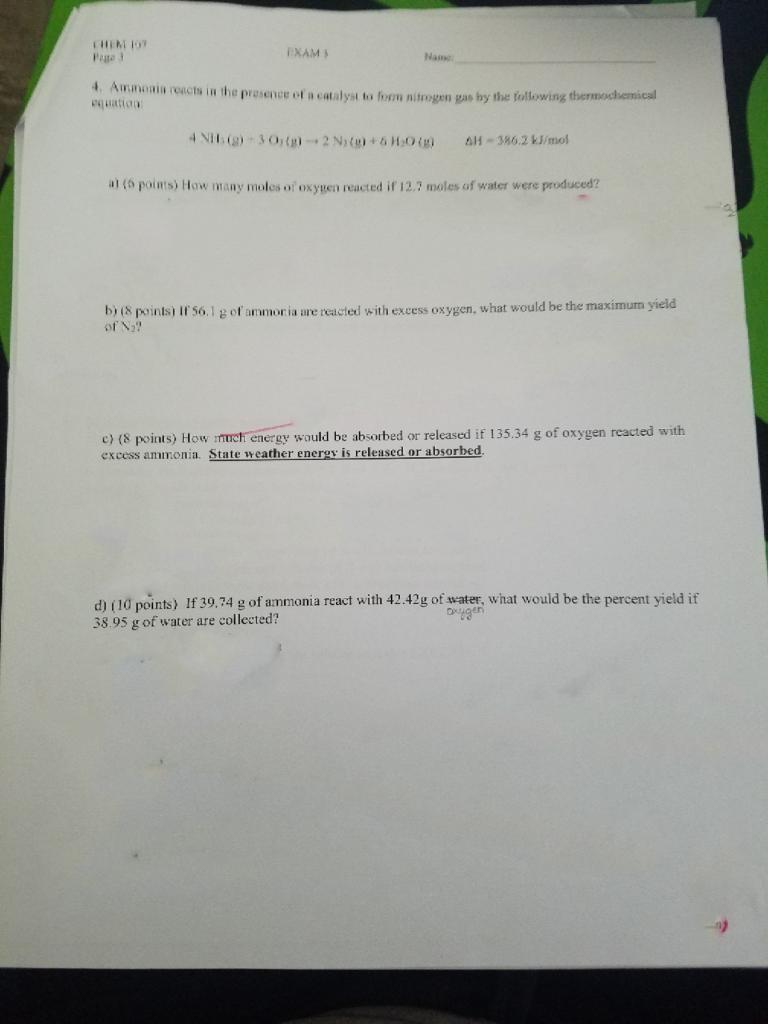 Hem 10 Exam Na Asmenin Reacts In The Presence Of A Catalyst To Form Nitrogen Yas By The Following Termochemical 4 Nie 1