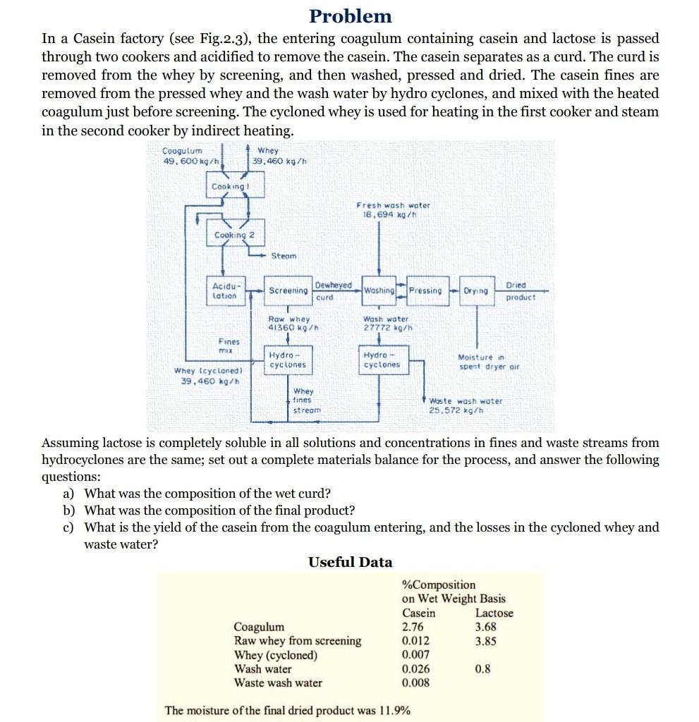 Problem In A Casein Factory See Fig 2 3 The Entering Coagulum Containing Casein And Lactose Is Passed Through Two Coo 1