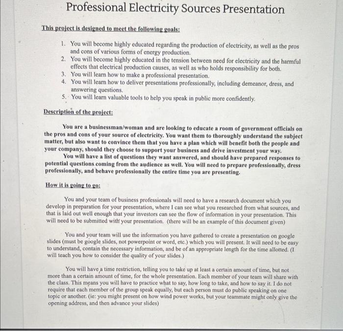 Professional Electricity Sources Presentation This Project Is Designed To Meet The Following Goals 1 You Will Become H 1