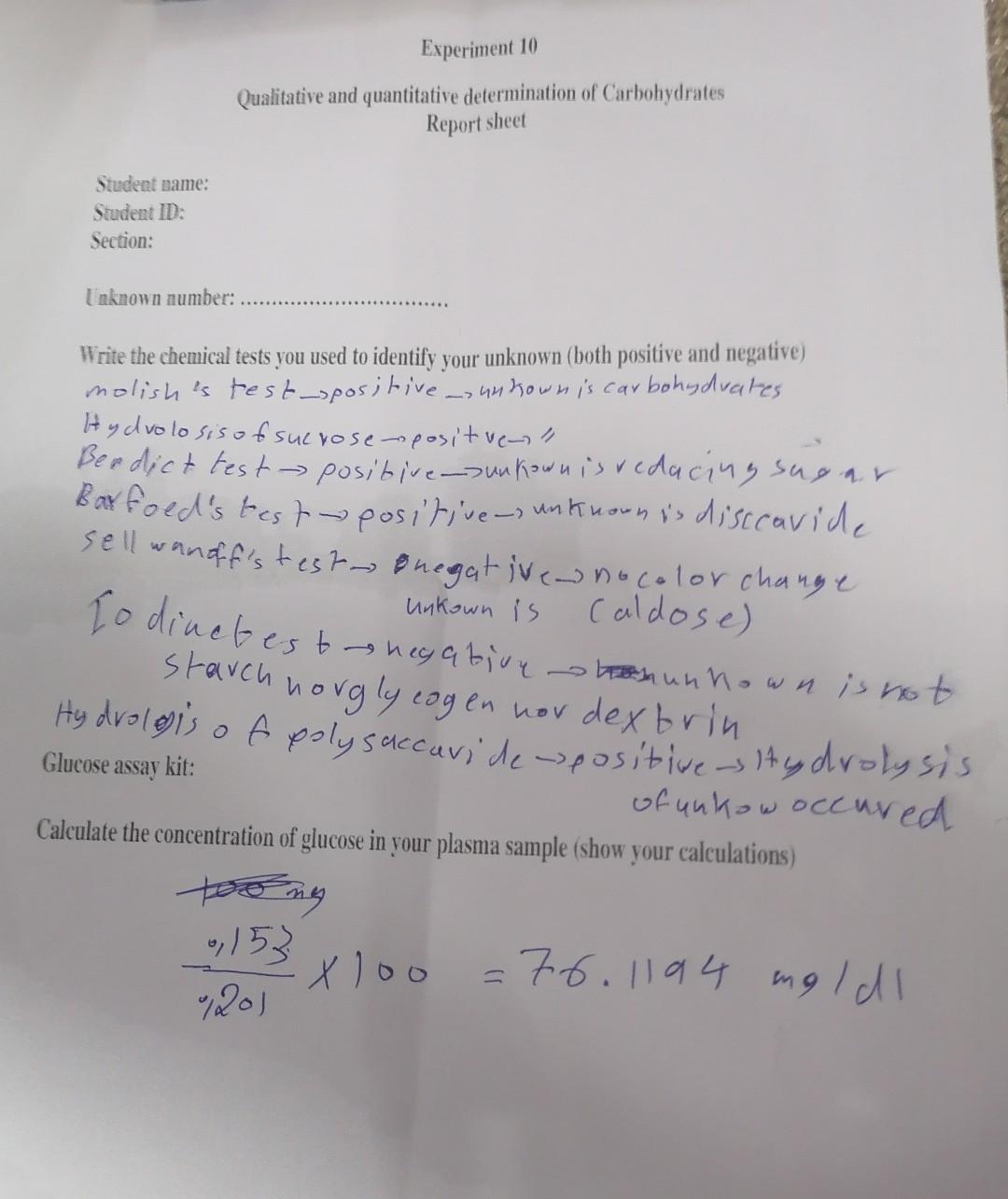 Experiment 10 Qualitative And Quantitative Determination Of Carbohydrates Report Sheet Student Name Student Id Section 1