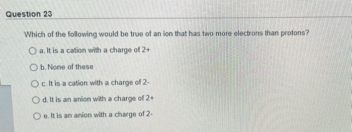 Question 23 Which Of The Following Would Be True Of An Ion That Has Two More Electrons Than Protons O A It Is A Cation 1