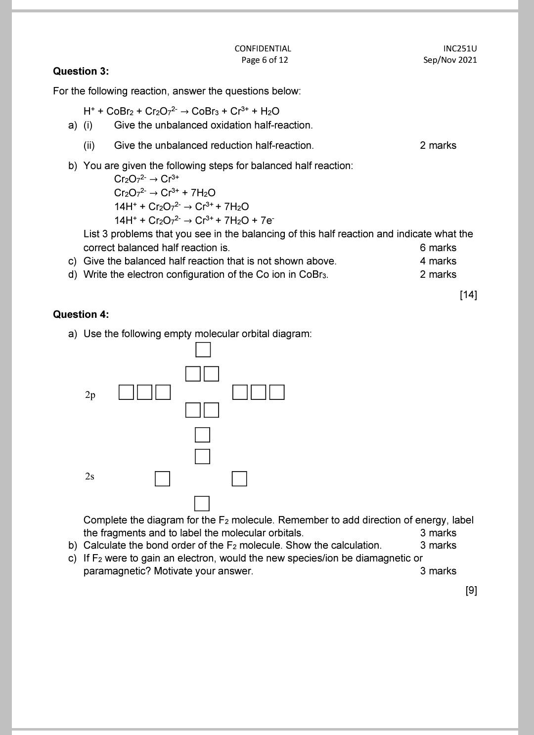 Confidential Page 6 Of 12 Inc2510 Sep Nov 2021 Question 3 For The Following Reaction Answer The Questions Below H 1