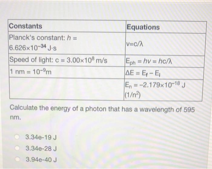 Constants Equations Planck S Constant H V C 6 626x10 34 Jos Speed Of Light C 3 00x108 M S Eph Hv Hc 1 Nm 1