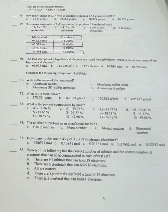 Consider The Following Reaction Linho Nh3 Loh 28 How Many Prains Of Lin Will Be Needed To Produce 67 8 Grams Of Loh A 1