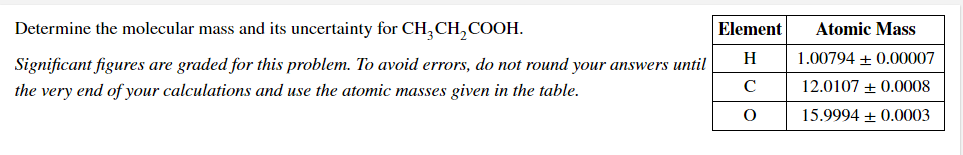 Element Atomic Mass Determine The Molecular Mass And Its Uncertainty For Ch Ch Cooh Significant Figures Are Graded Fo 1