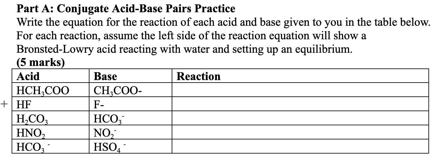 Part A Conjugate Acid Base Pairs Practice Write The Equation For The Reaction Of Each Acid And Base Given To You In The 1