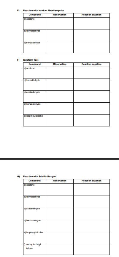 E Reaction With Natrium Metabisulphite Compound Observation A Acetone Reaction Equation B Formaldehyde C Benzaldehyd 1