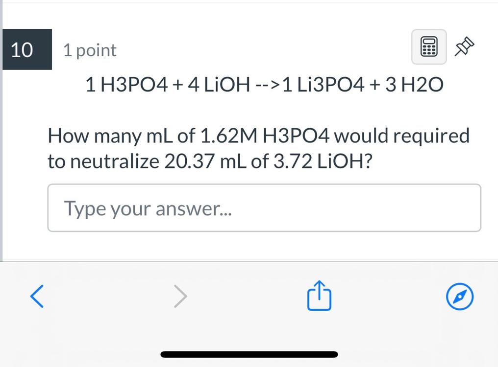 10 1 Point Doo 1 H3po4 4 Lioh 1 Li3po4 3 H20 How Many Ml Of 1 62m H3po4 Would Required To Neutralize 20 37 Ml Of 1