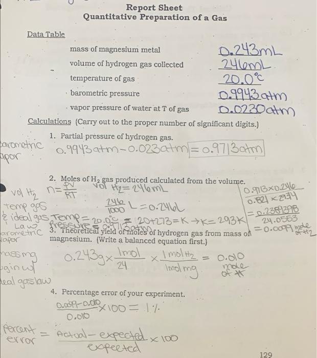 Report Sheet Quantitative Preparation Of A Gas Data Table Mass Of Magnesium Metal D 243ml Volume Of Hydrogen Gas Collec 1