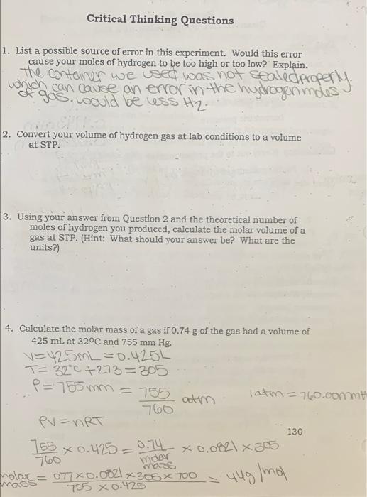 Report Sheet Quantitative Preparation Of A Gas Data Table Mass Of Magnesium Metal D 243ml Volume Of Hydrogen Gas Collec 2