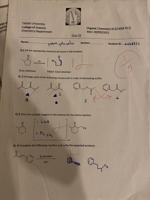 Ese Party Ricy Taibah University College Of Science Chemistry Department Organic Chemistry I Chem 411 Mon 20 09 2021 Q 1