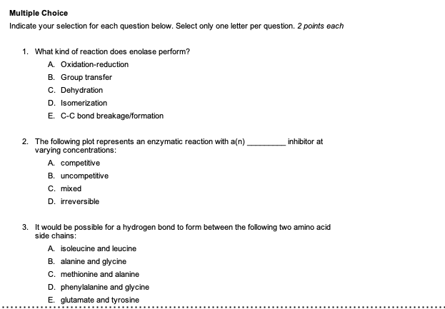 Multiple Choice Indicate Your Selection For Each Question Below Select Only One Letter Per Question 2 Points Each 1 W 1
