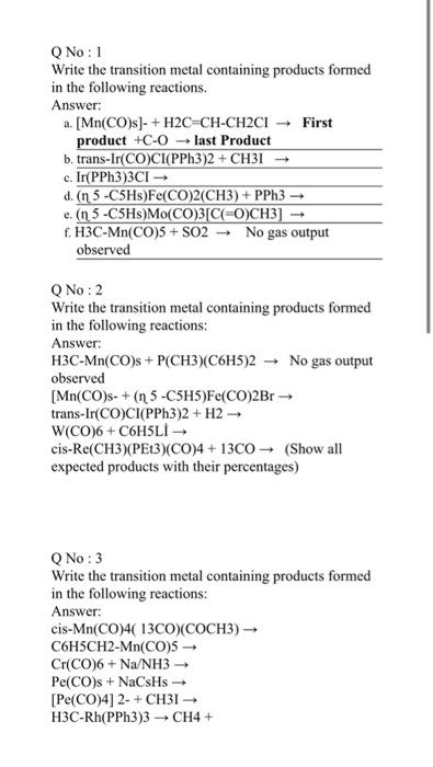 No 1 Write The Transition Metal Containing Products Formed In The Following Reactions Answer A Mn Co S H2c Ch Ch 1