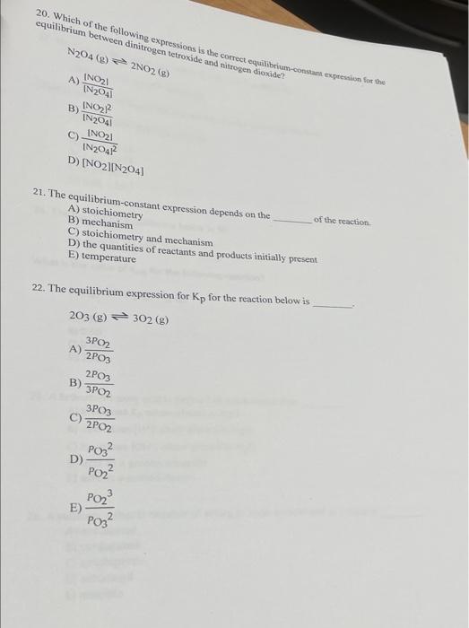 20 Which Of The Following Expressions Is The Correct Equilibrium Constant Expension For The Equilibrium Between Dinitro 1
