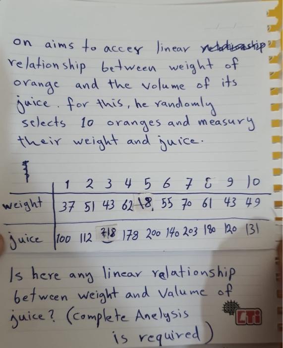 On Aims To Acces Linear Reliship Relationship Between Weight Of Orange And The Volume Of Its Juice For This He Randoml 1