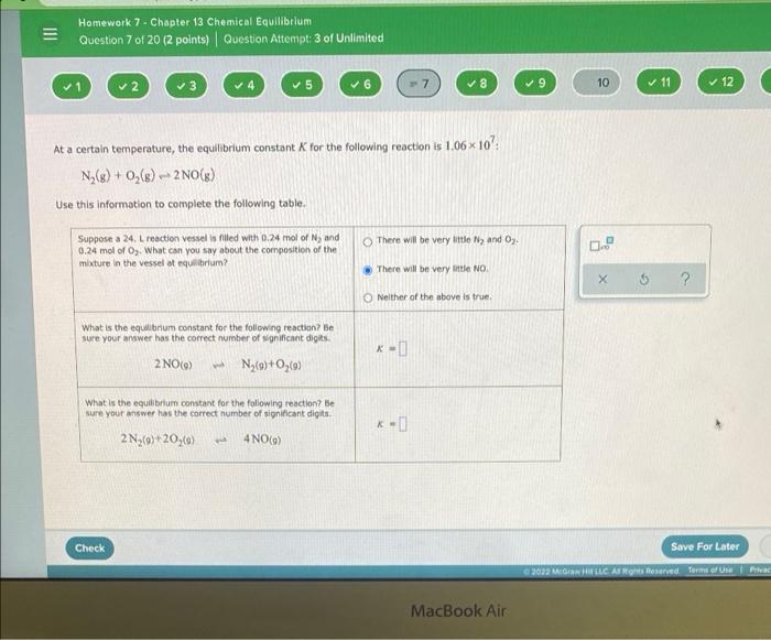 Homework 7 Chapter 13 Chemical Equilibrium Question 7 Of 20 2 Points Question Attempt 3 Of Unlimited 2 3 5 8 10 11 1