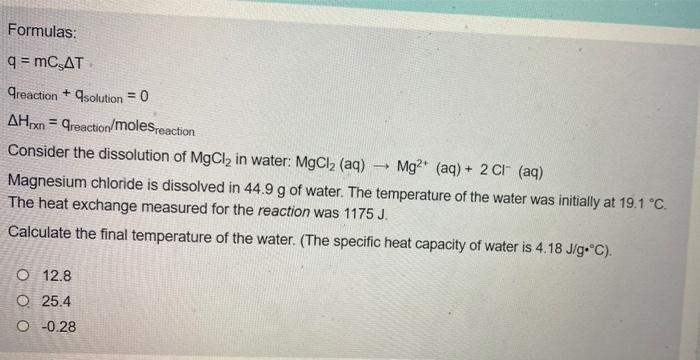 Formulas 9 Mc At Creaction 9 Solution 0 Ahp Creaction Molesreaction Consider The Dissolution Of Mgcl2 In Wate 1