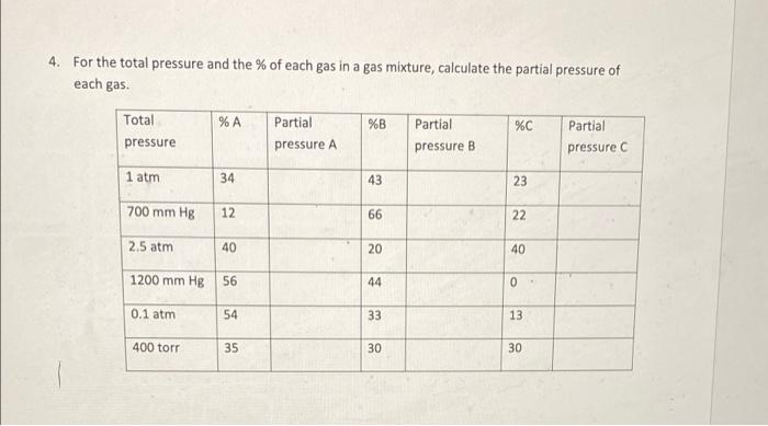 4 For The Total Pressure And The Of Each Gas In A Gas Mixture Calculate The Partial Pressure Of Each Gas Total A 2