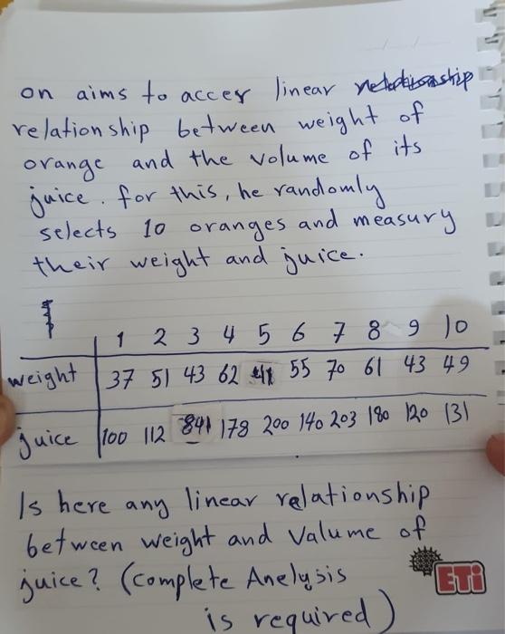On Aims To Acces Linear Relicastip Relationship Between Weight Of Orange And The Volume Of Its Juice For This He Random 1