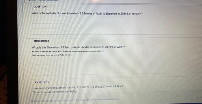Question 1 What Is The Molarity Of A Solution When 123moles Of Nabr Is Dissolved In 216ml Of Solution Question 2 What I 1