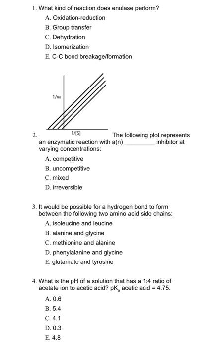 1 What Kind Of Reaction Does Enolase Perform A Oxidation Reduction B Group Transfer C Dehydration D Isomerization 1