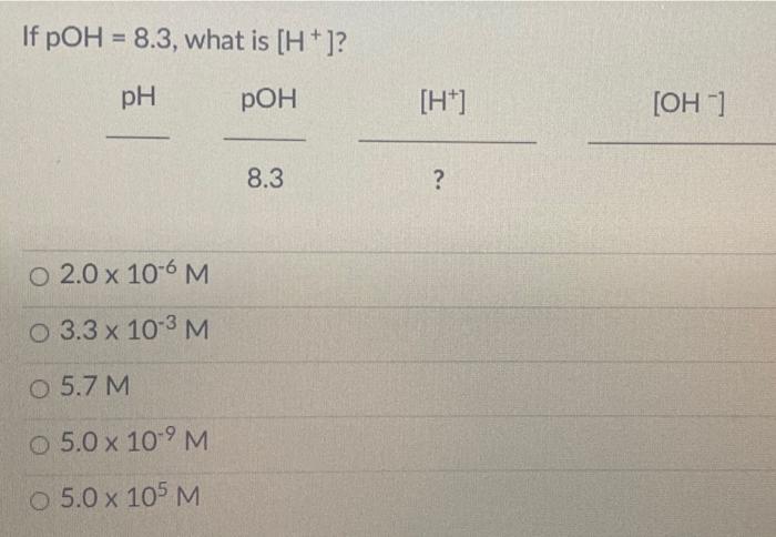 If Poh 8 3 What Is H Ph Poh H Oh 8 3 2 0 X 10 6 M 0 3 3 X 10 3 M 0 5 7 M 0 5 0 X 109 M 0 5 0 X 105 M 1